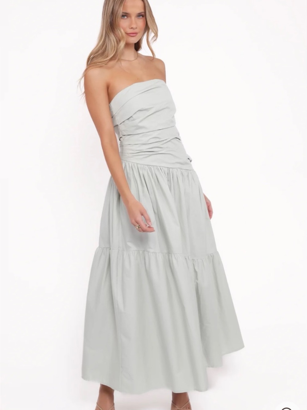 Petal & Pup Strapless Tiered Maxi Dress in Light Gray